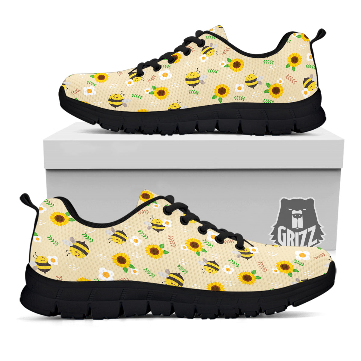 Bee Cute Cartoon Print Pattern Black Sneaker-grizzshop