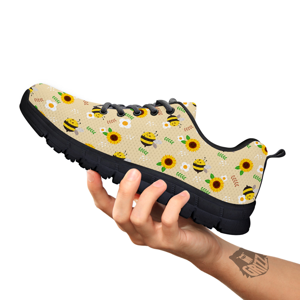 Bee Cute Cartoon Print Pattern Black Sneaker-grizzshop