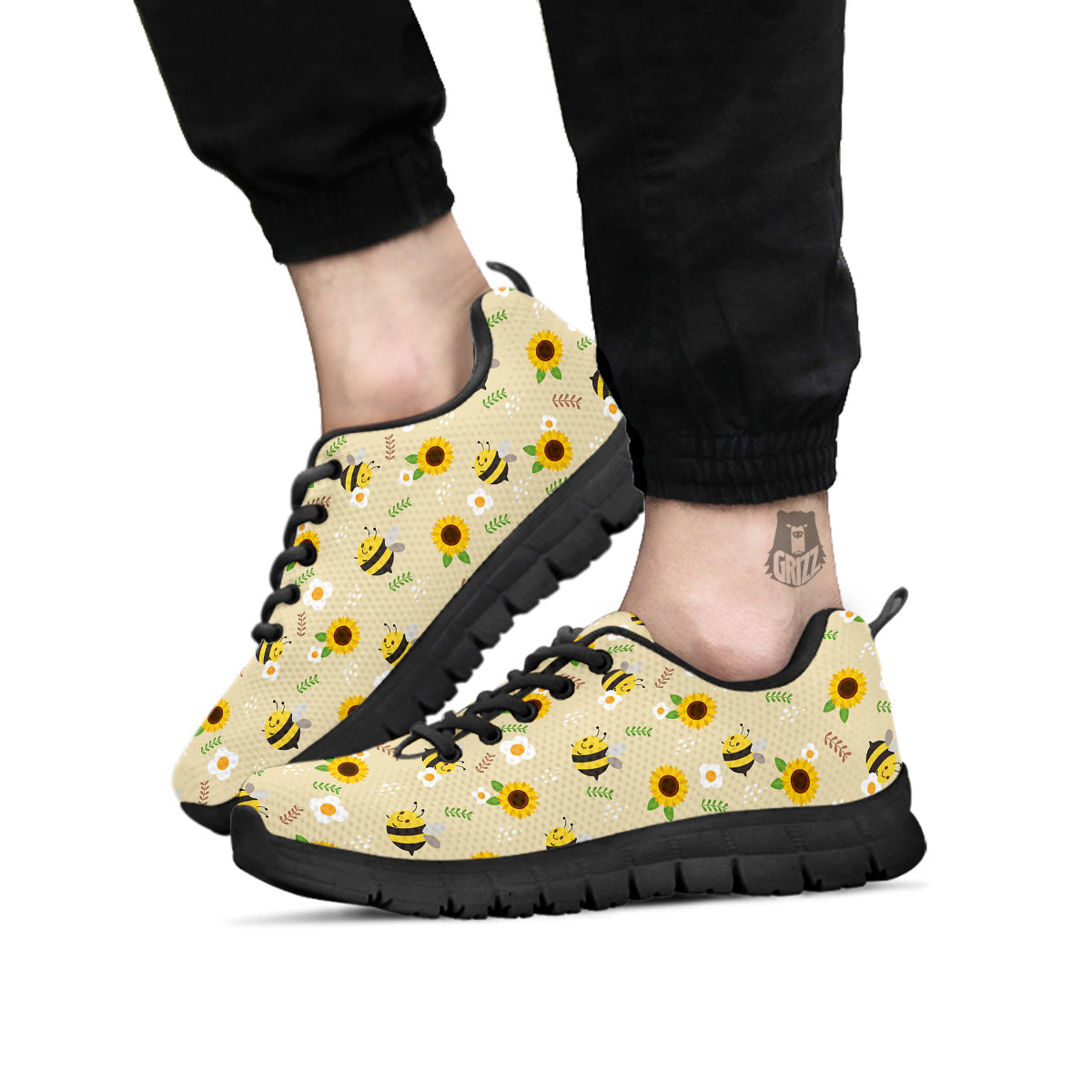 Bee Cute Cartoon Print Pattern Black Sneaker-grizzshop