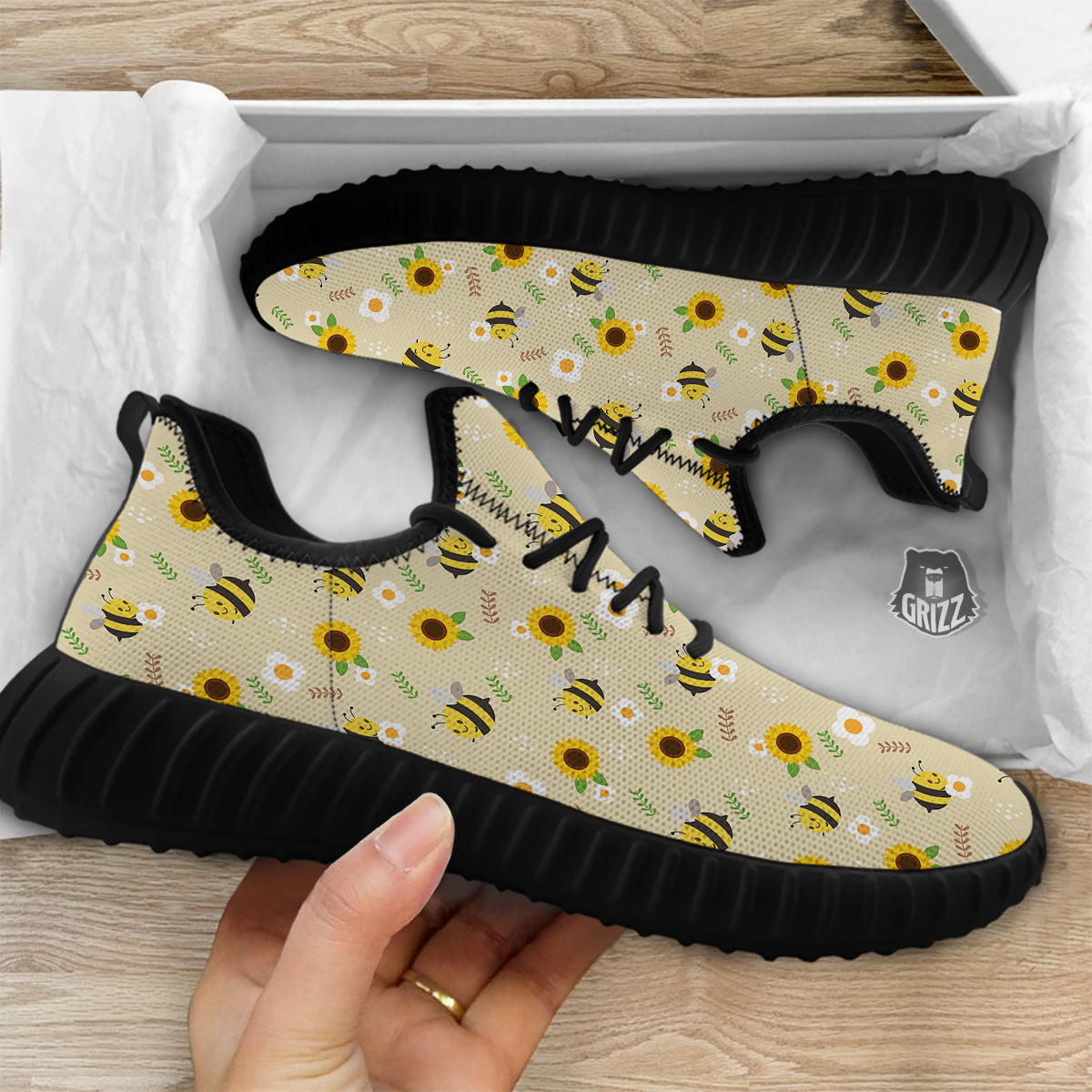 Bee Cute Cartoon Print Pattern Black Walking Shoes-grizzshop