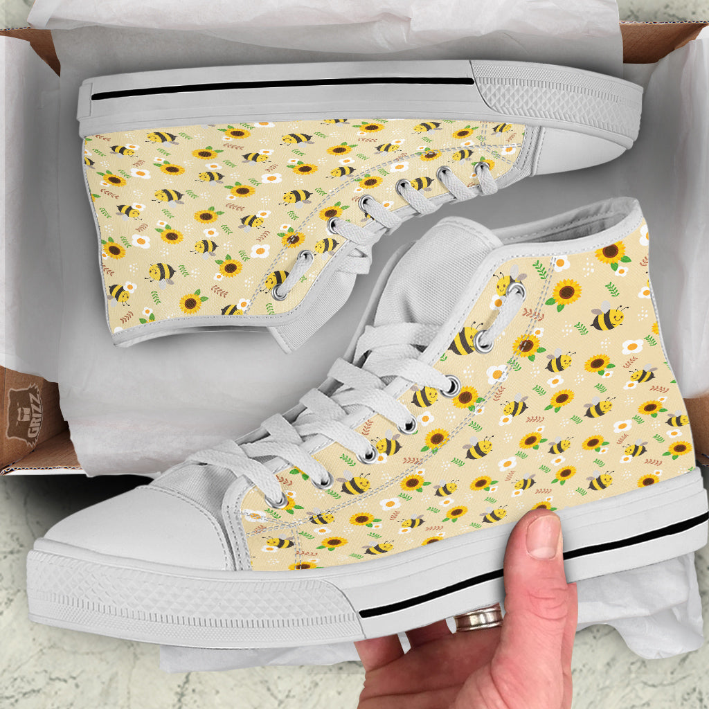 Bee Cute Cartoon Print Pattern White High Top Shoes-grizzshop
