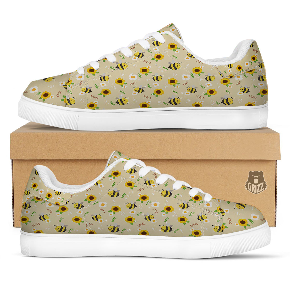 Bee Cute Cartoon Print Pattern White Low Top Sneakers-grizzshop
