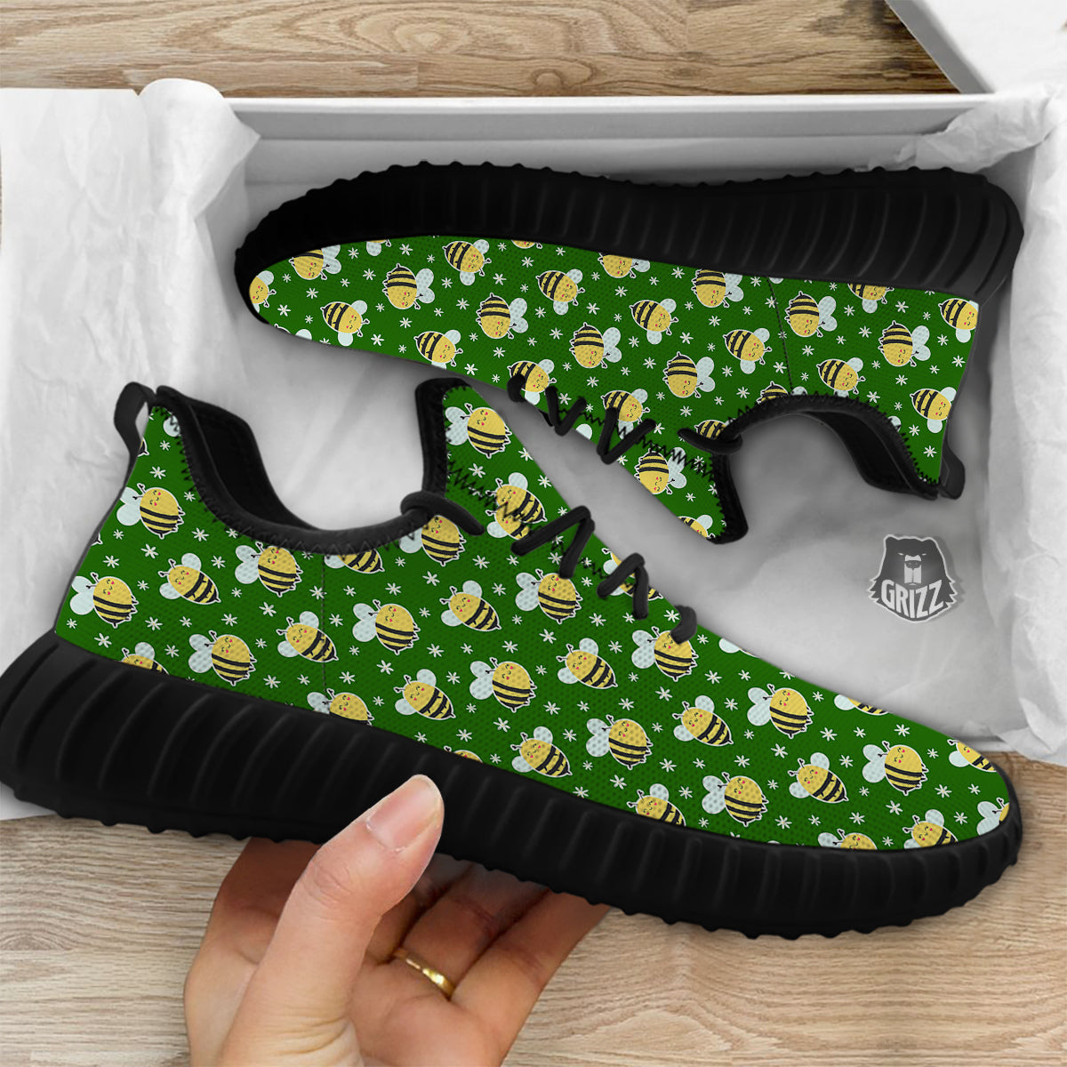 Bee Cute Honey Print Pattern Black Walking Shoes-grizzshop