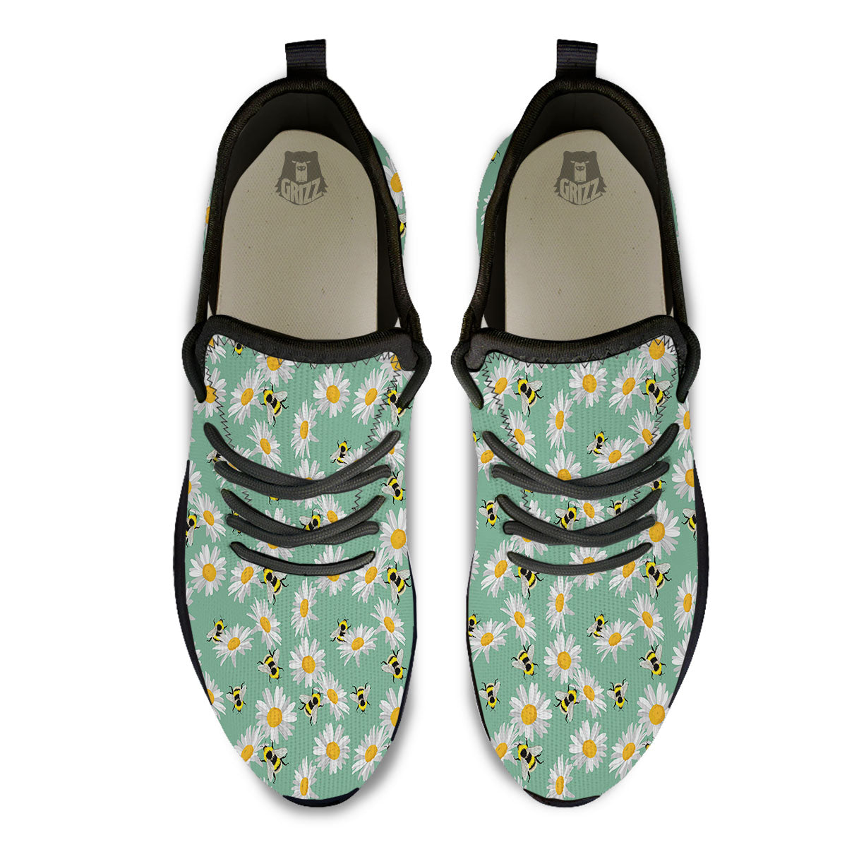 Bee Flower Print Pattern Black Athletic Shoes-grizzshop