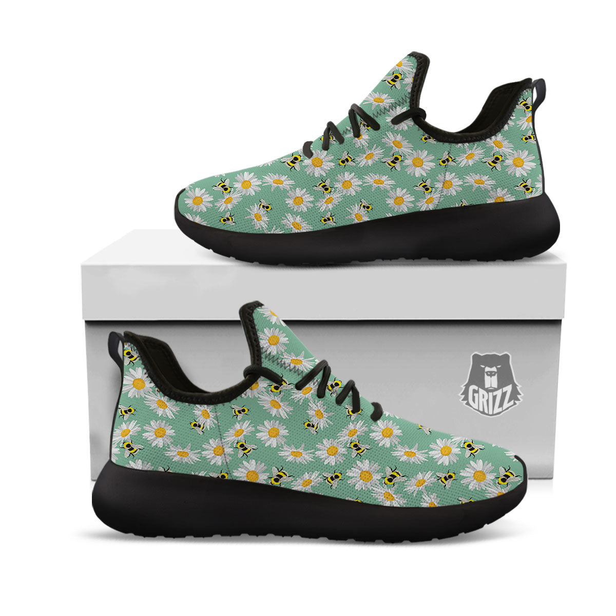 Bee Flower Print Pattern Black Athletic Shoes-grizzshop