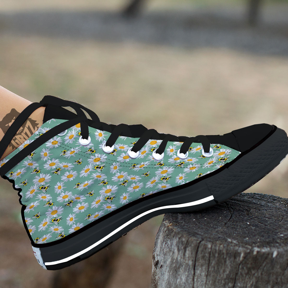 Bee Flower Print Pattern Black High Top Shoes-grizzshop