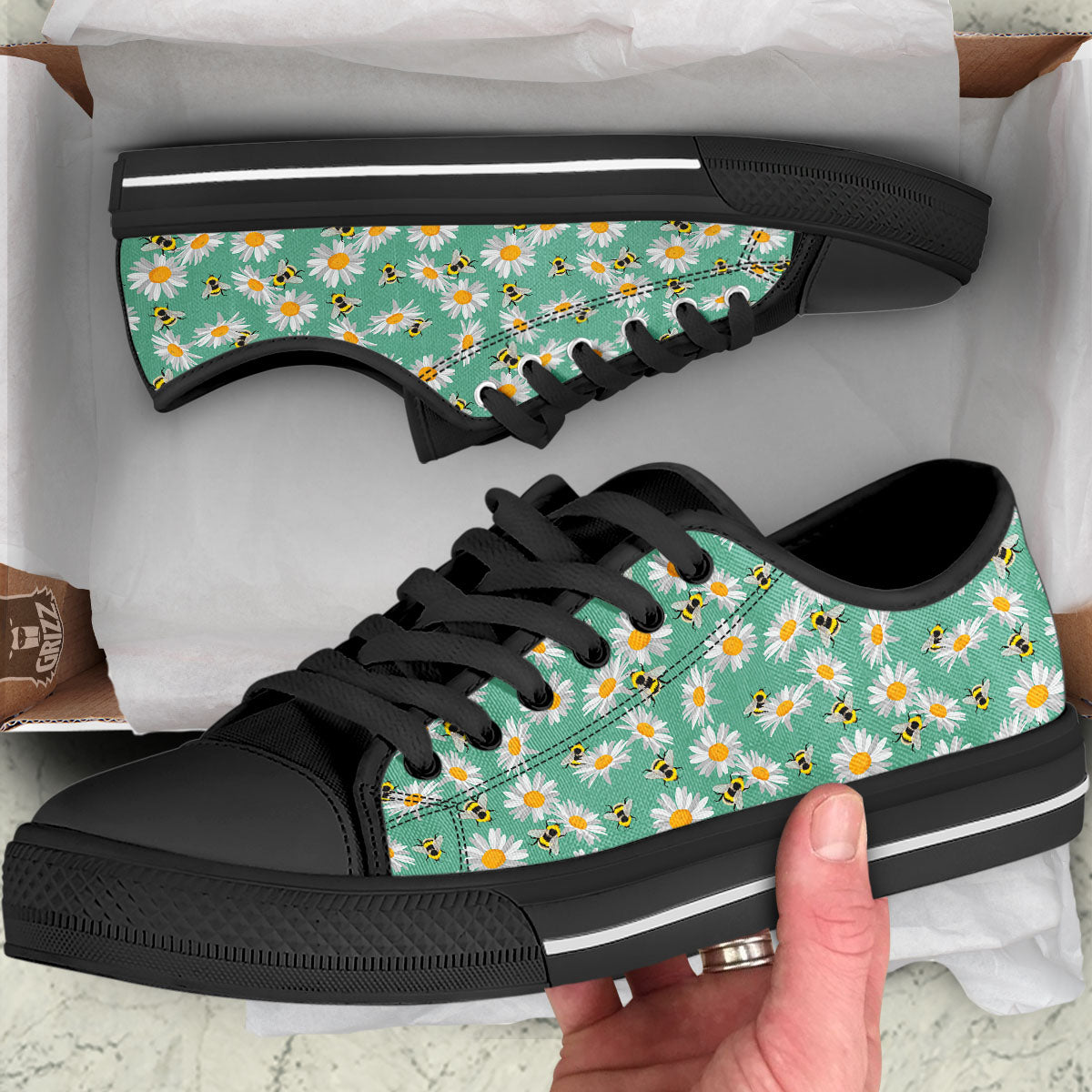 Bee Flower Print Pattern Black Low Top Shoes-grizzshop