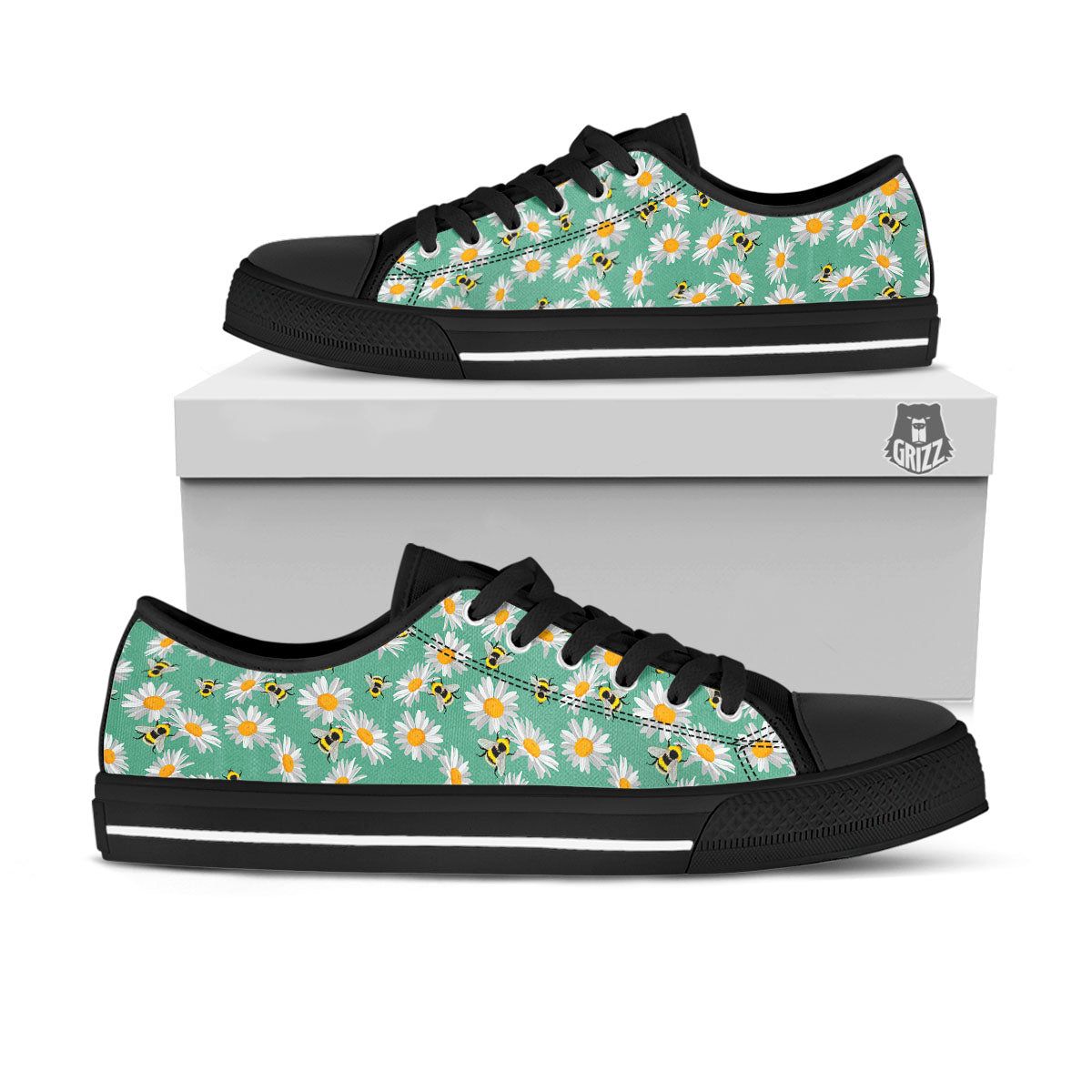 Bee Flower Print Pattern Black Low Top Shoes-grizzshop