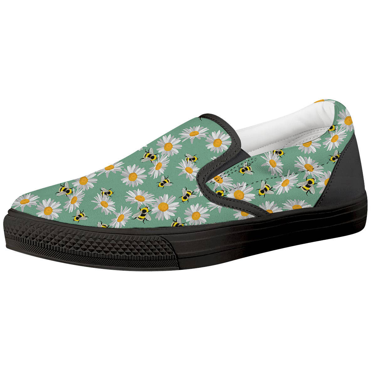 Bee Flower Print Pattern Black Slip On Shoes-grizzshop