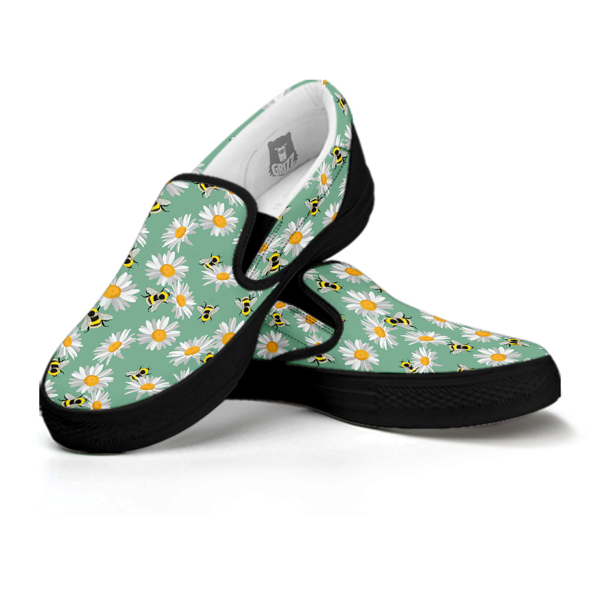 Bee Flower Print Pattern Black Slip On Shoes-grizzshop