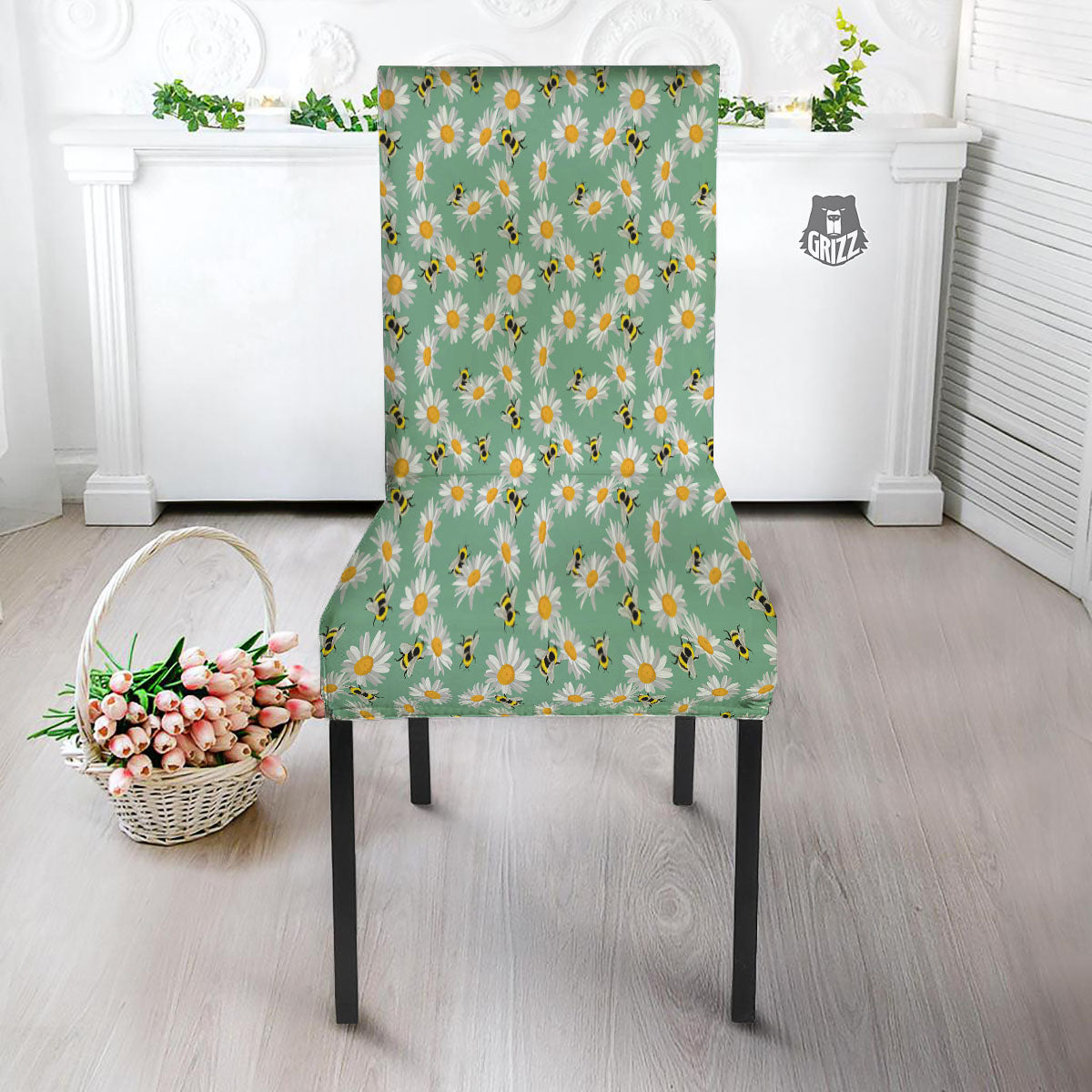 Bee Flower Print Pattern Dining Chair Slipcover-grizzshop