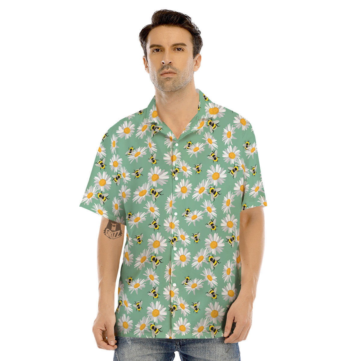 Bee Flower Print Pattern Men's Hawaiian Shirt-grizzshop