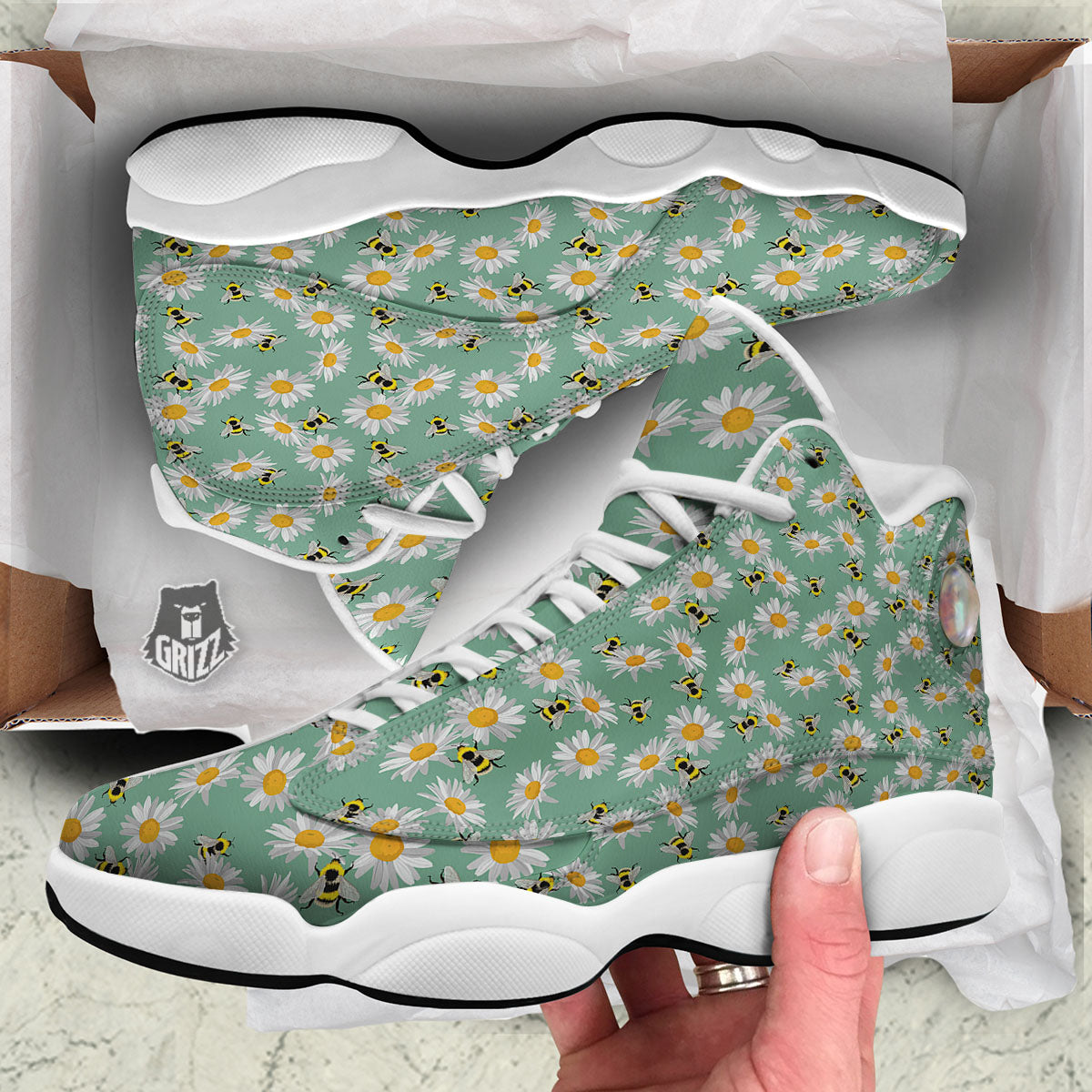 Bee Flower Print Pattern White Basketball Shoes-grizzshop