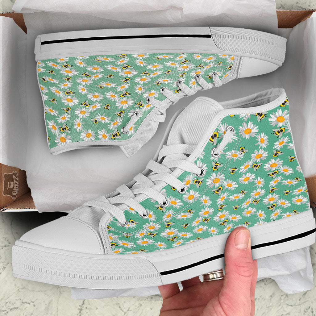 Bee Flower Print Pattern White High Top Shoes-grizzshop