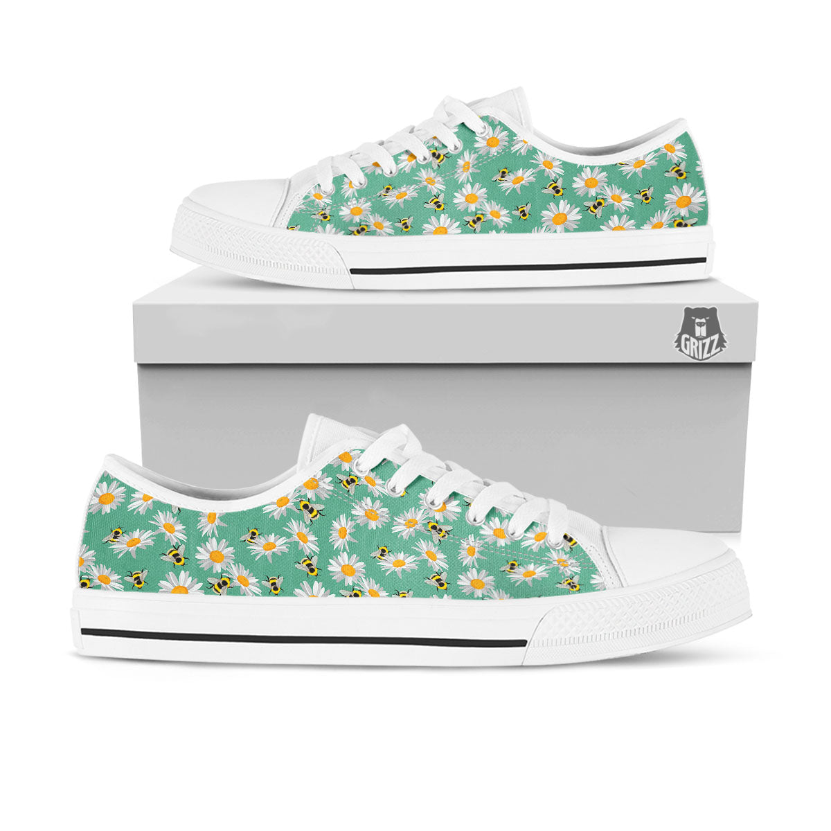 Bee Flower Print Pattern White Low Top Shoes-grizzshop