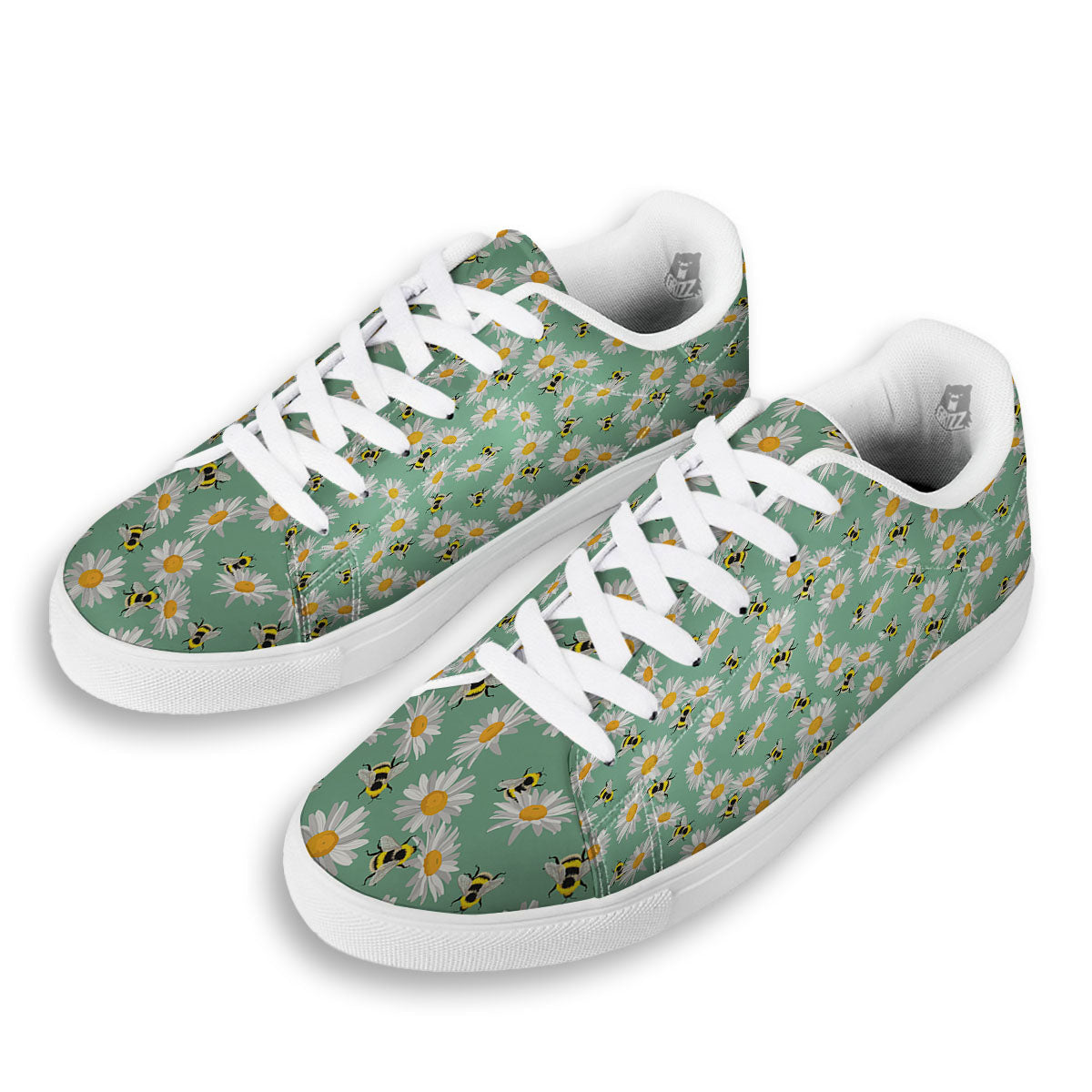 Bee Flower Print Pattern White Low Top Sneakers-grizzshop