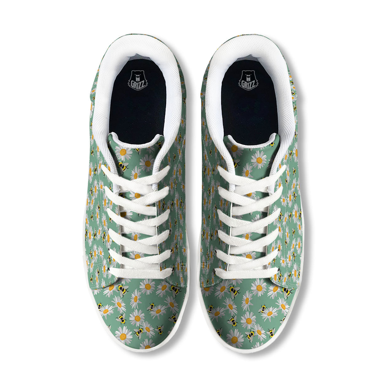 Bee Flower Print Pattern White Low Top Sneakers-grizzshop