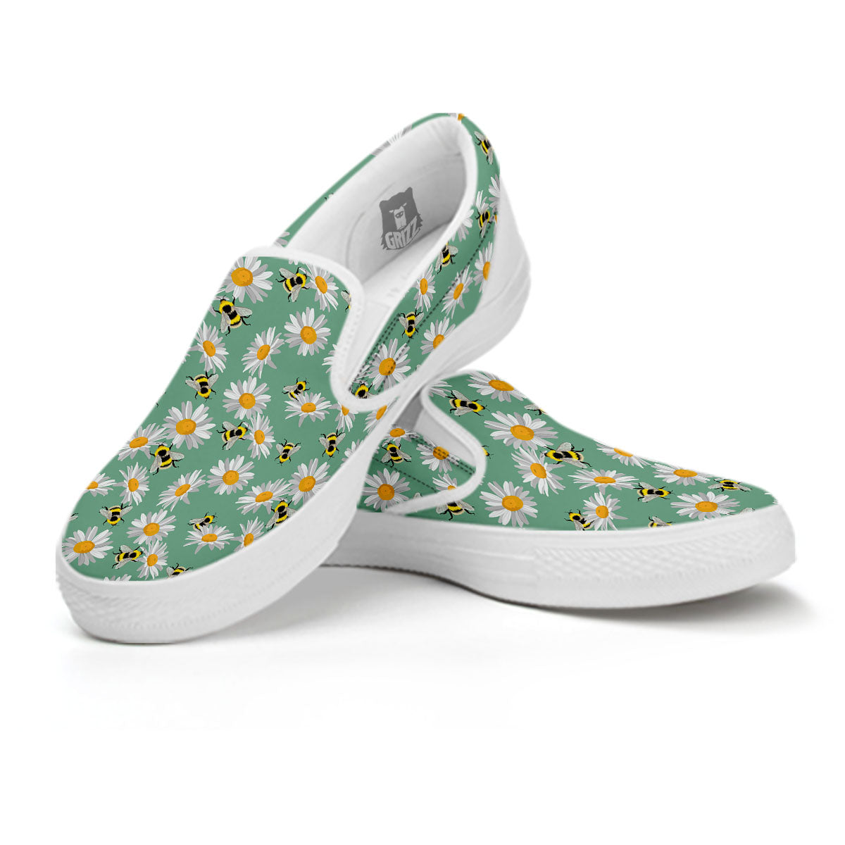 Bee Flower Print Pattern White Slip On Shoes-grizzshop