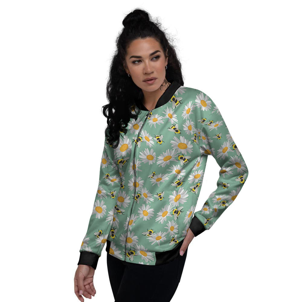 Bee Flower Print Pattern Women's Bomber Jacket-grizzshop