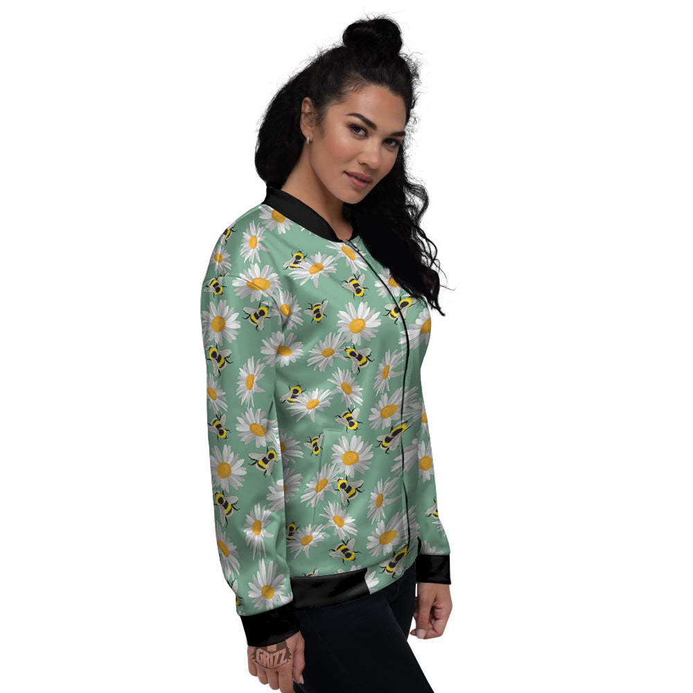 Bee Flower Print Pattern Women's Bomber Jacket-grizzshop