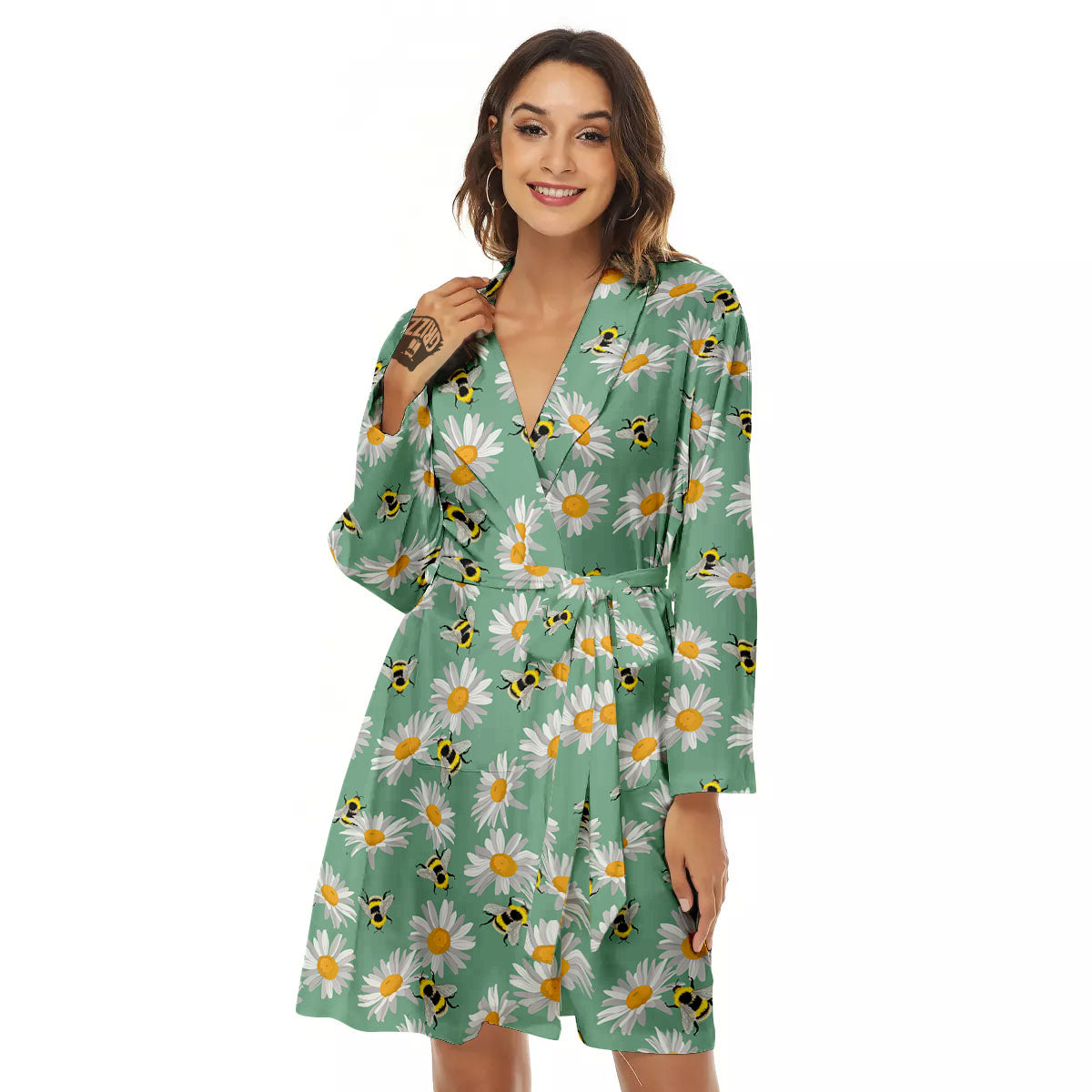 Bee Flower Print Pattern Women's Robe-grizzshop