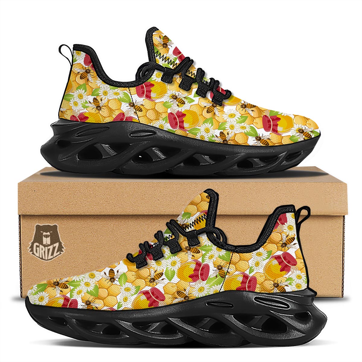Bee Hive Sweet Honey Print Pattern Black Running Shoes-grizzshop