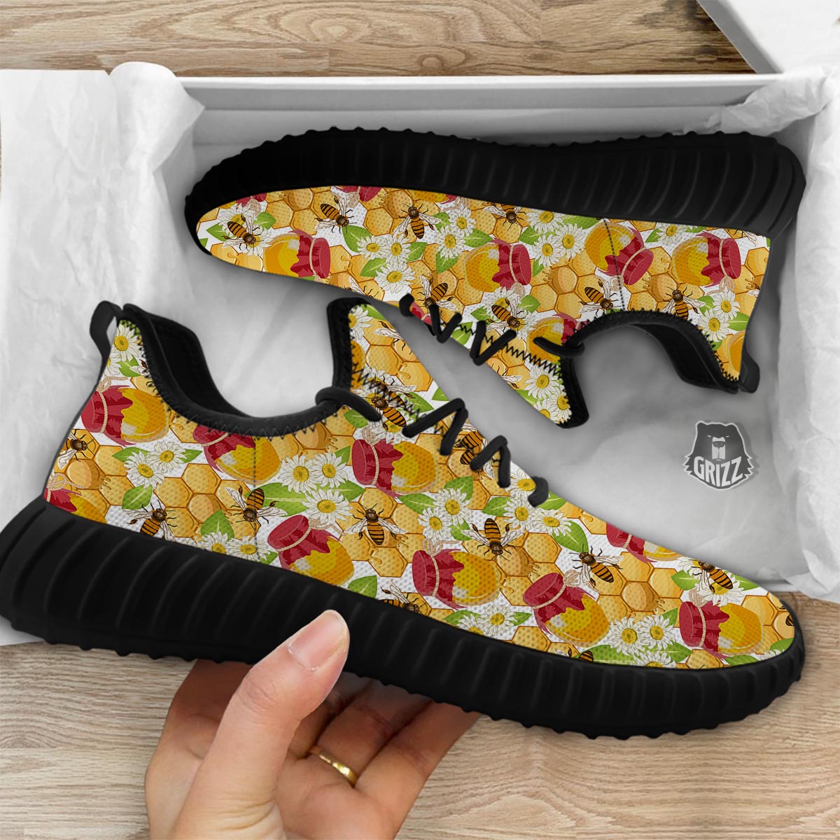 Bee Hive Sweet Honey Print Pattern Black Walking Shoes-grizzshop