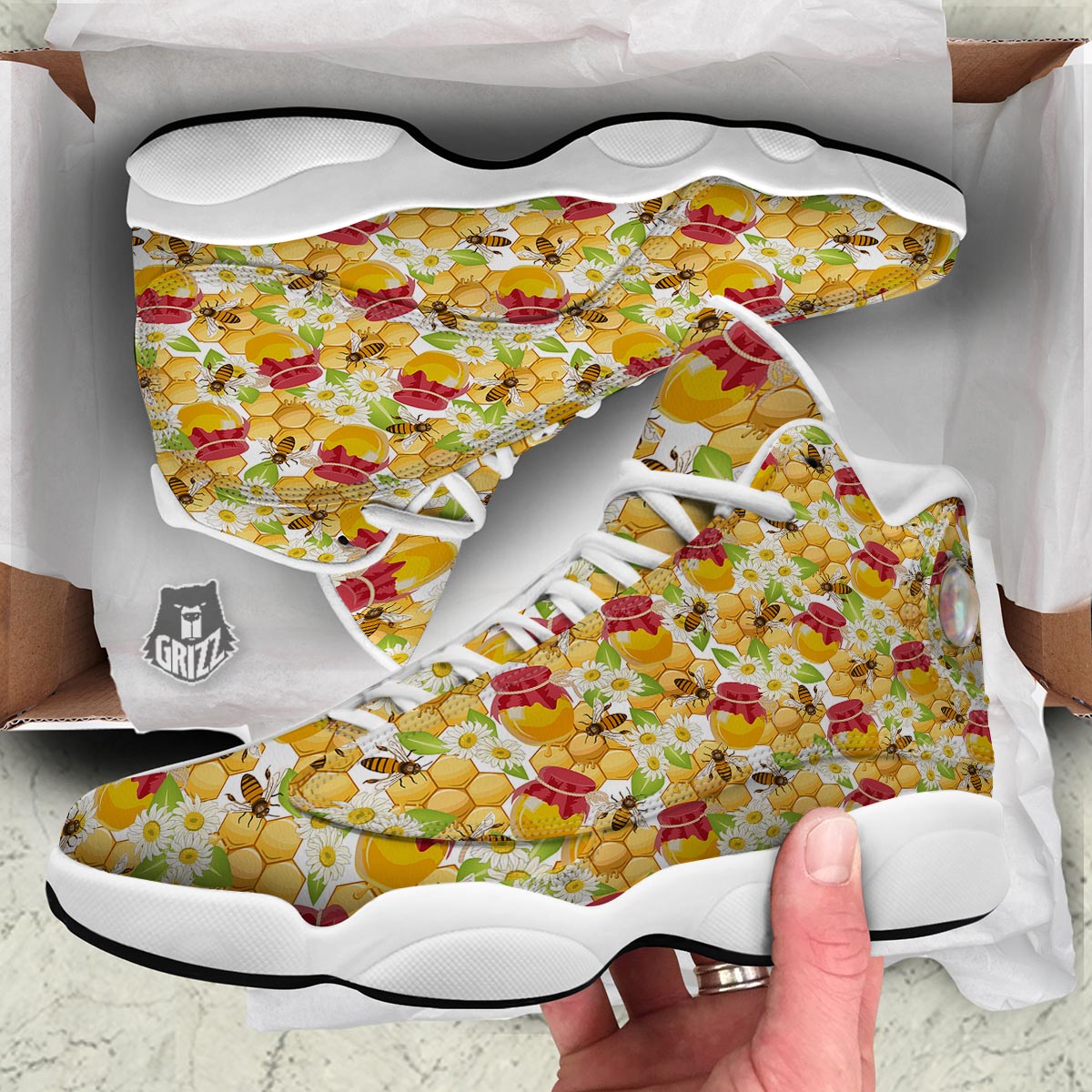 Bee Hive Sweet Honey Print Pattern White Basketball Shoes-grizzshop