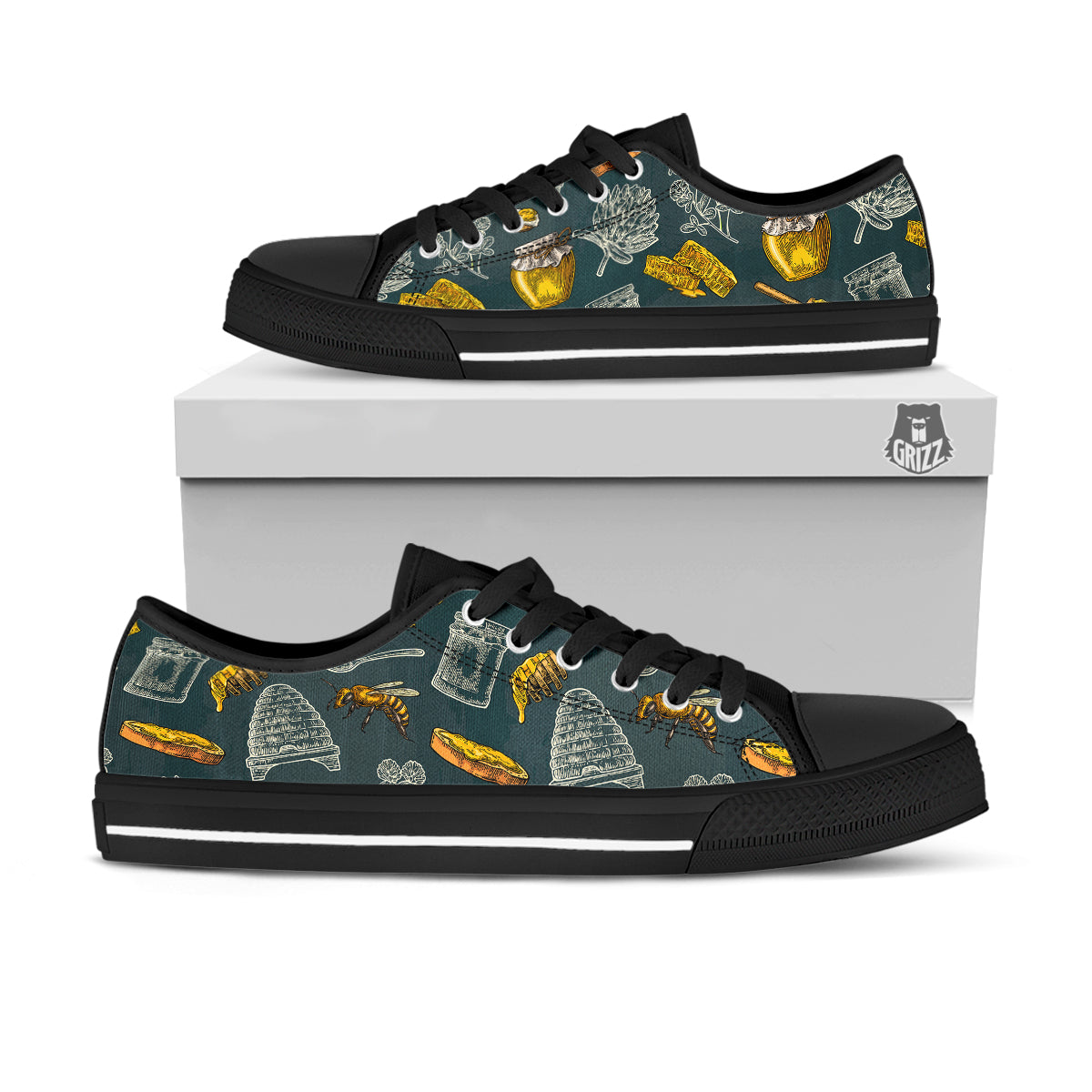 Bee Honey Vintage Print Pattern Black Low Top Shoes-grizzshop