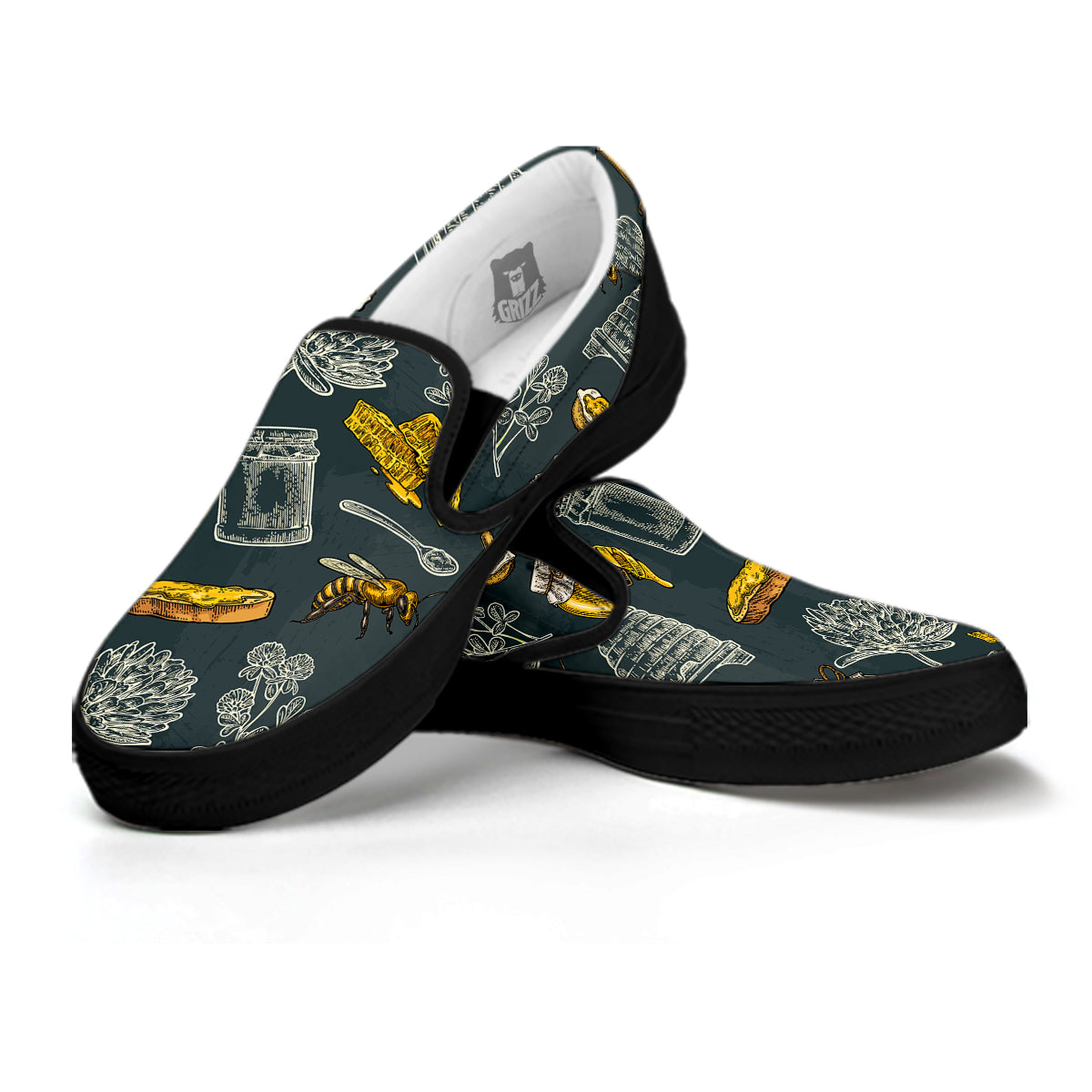 Bee Honey Vintage Print Pattern Black Slip On Shoes-grizzshop