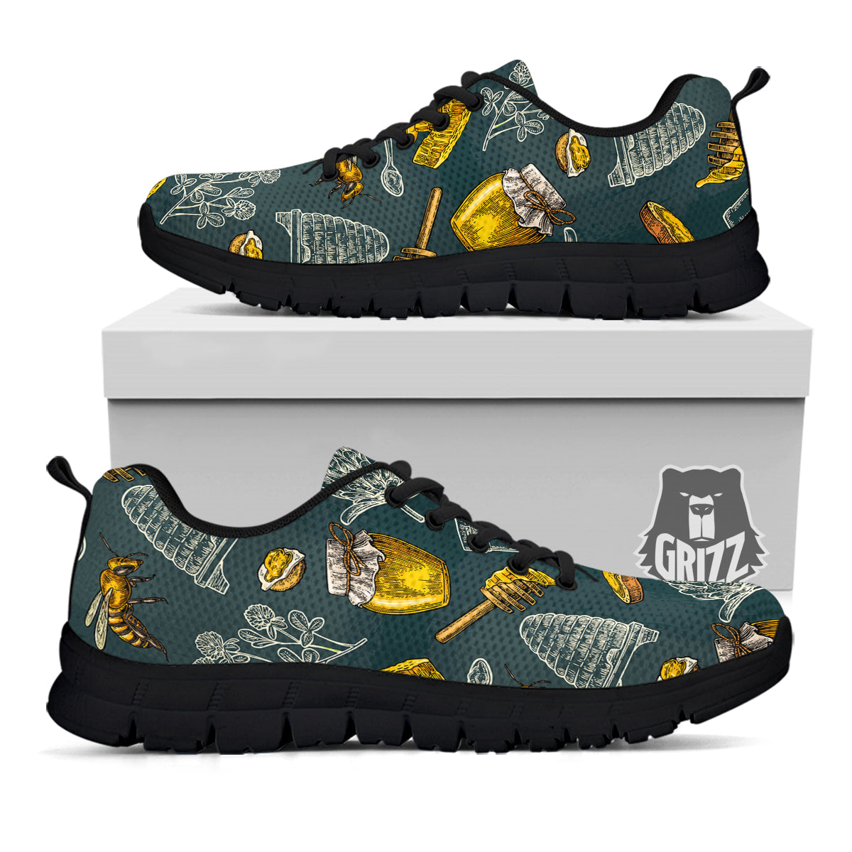 Bee Honey Vintage Print Pattern Black Sneaker-grizzshop