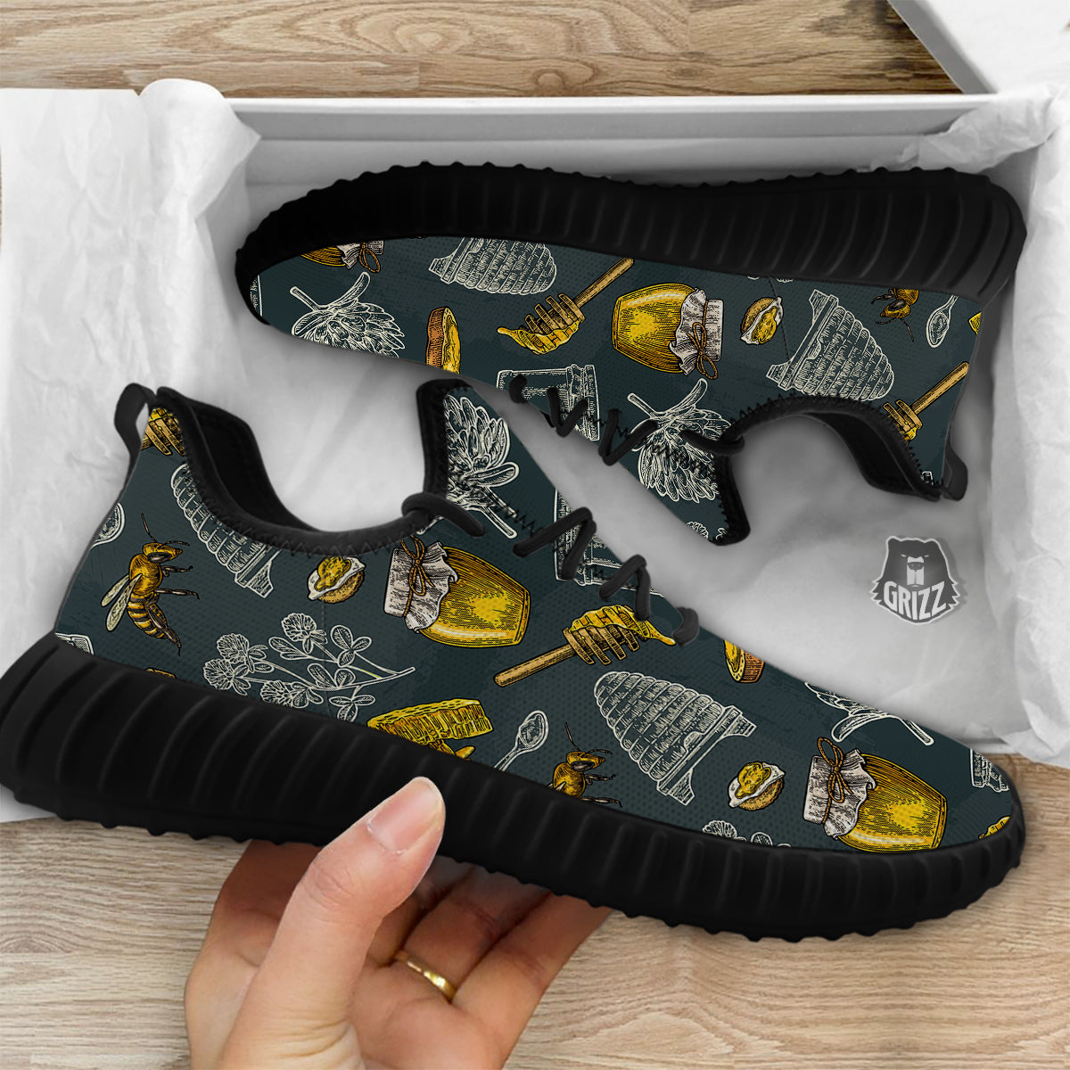 Bee Honey Vintage Print Pattern Black Walking Shoes-grizzshop