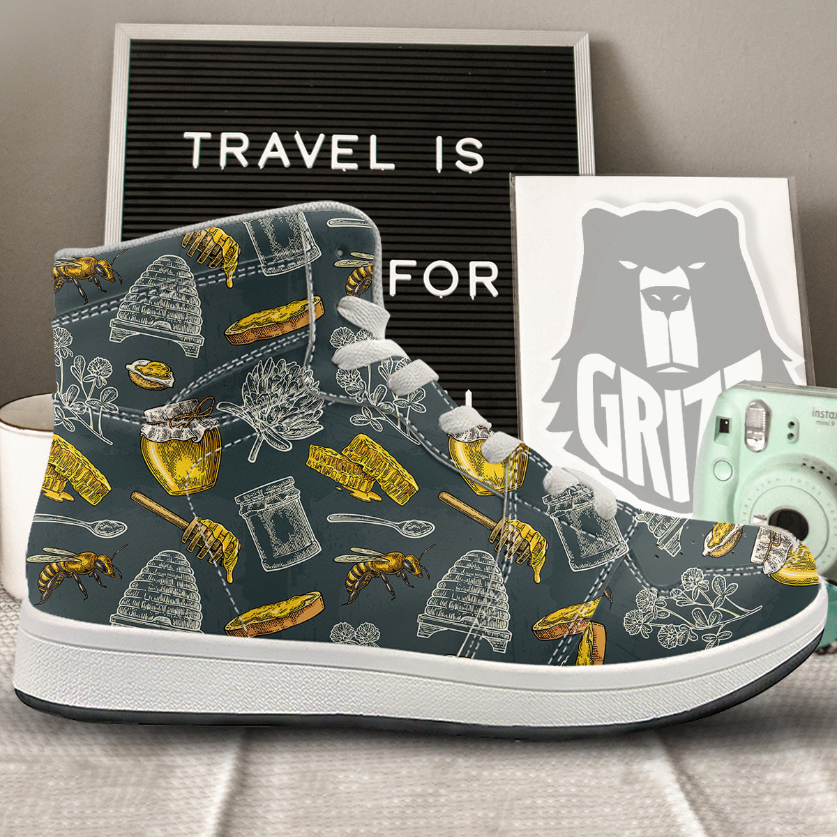 Bee Honey Vintage Print Pattern High Top Sneakers-grizzshop
