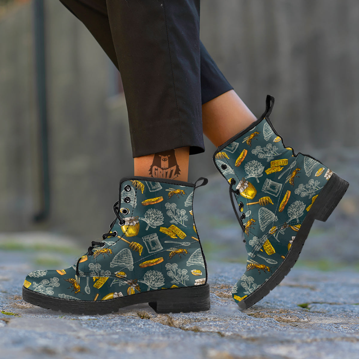 Bee Honey Vintage Print Pattern Leather Boots-grizzshop