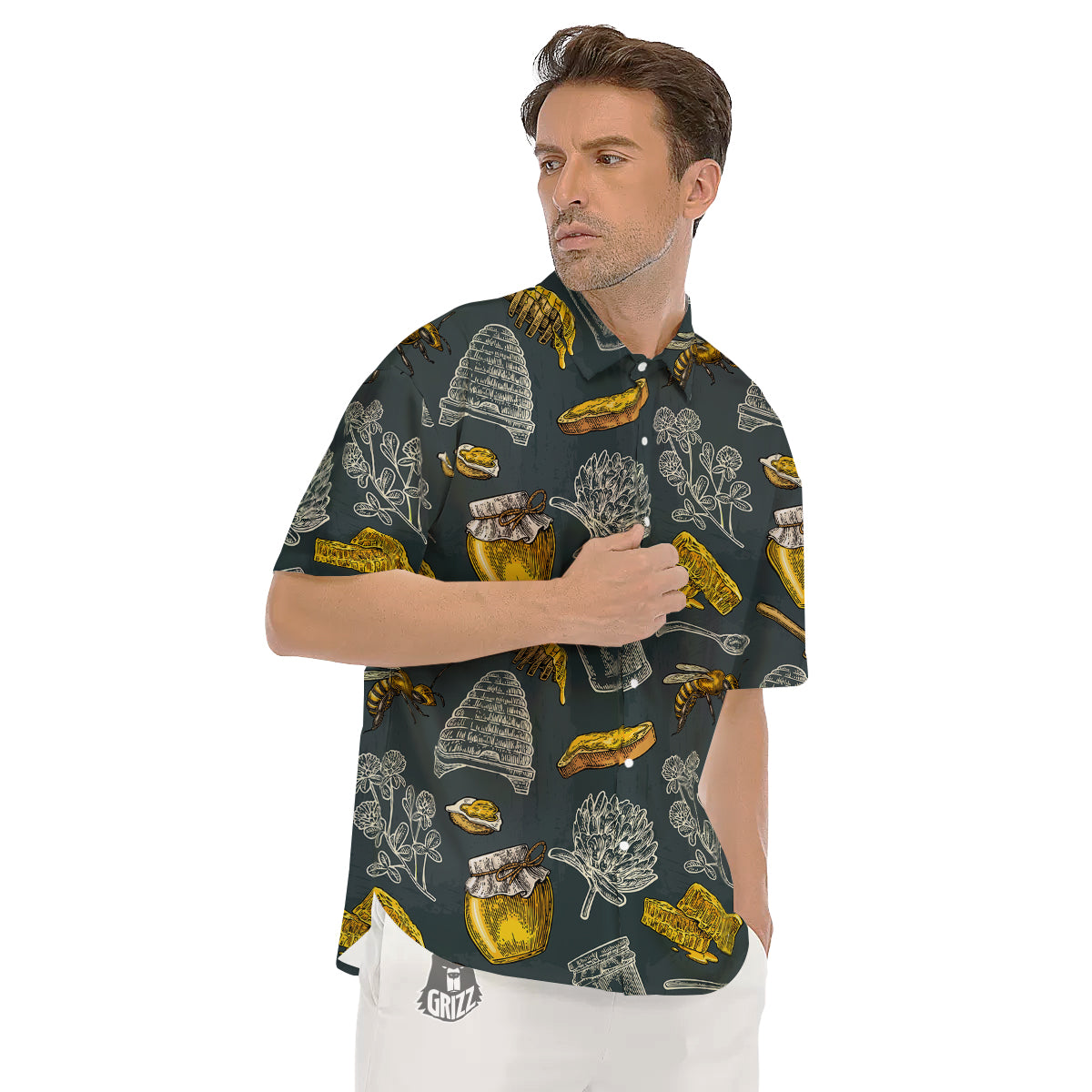 Bee Honey Vintage Print Pattern Men's Short Sleeve Shirts-grizzshop