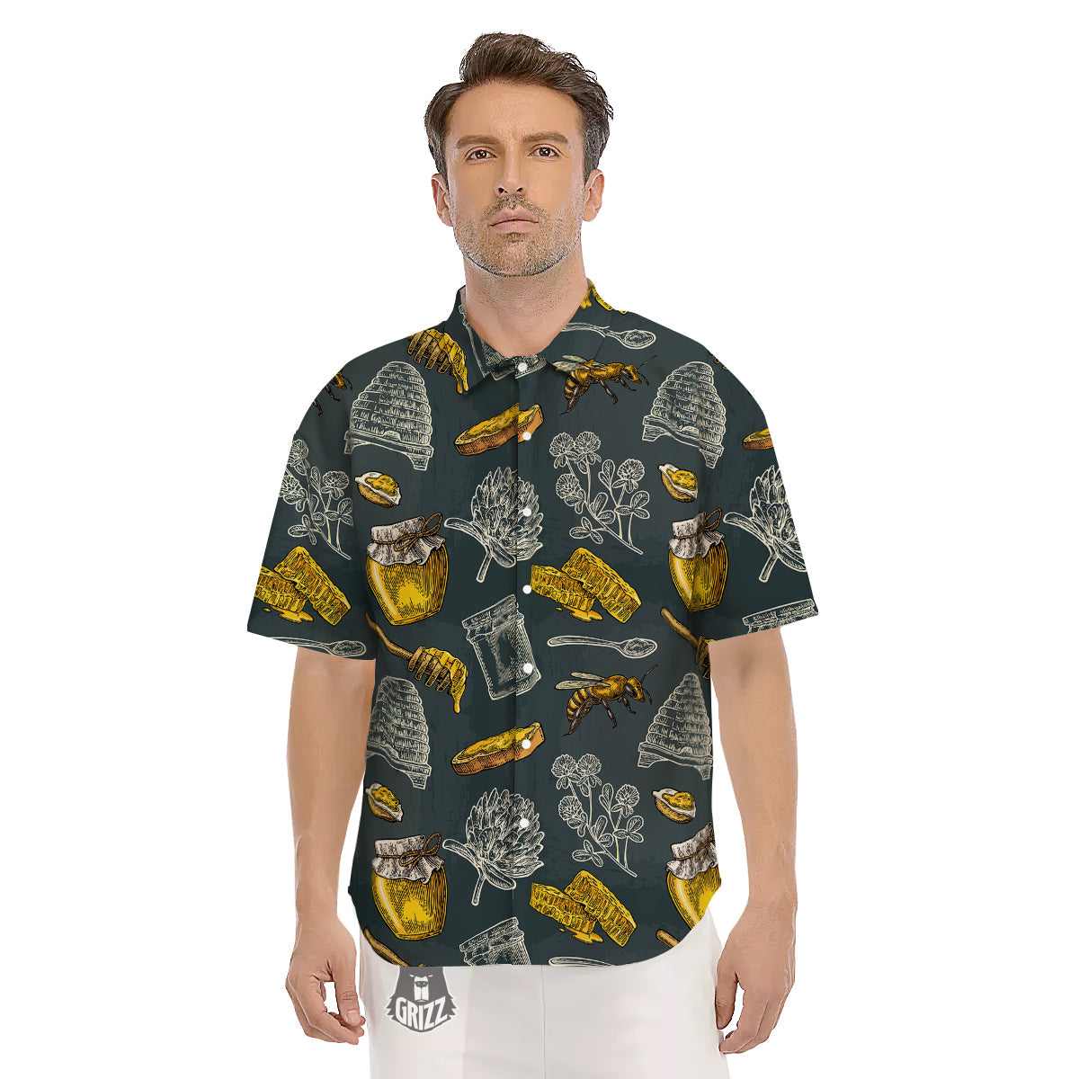Bee Honey Vintage Print Pattern Men's Short Sleeve Shirts-grizzshop