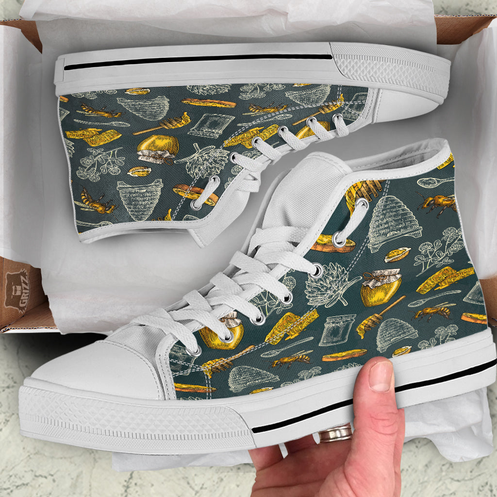 Bee Honey Vintage Print Pattern White High Top Shoes-grizzshop