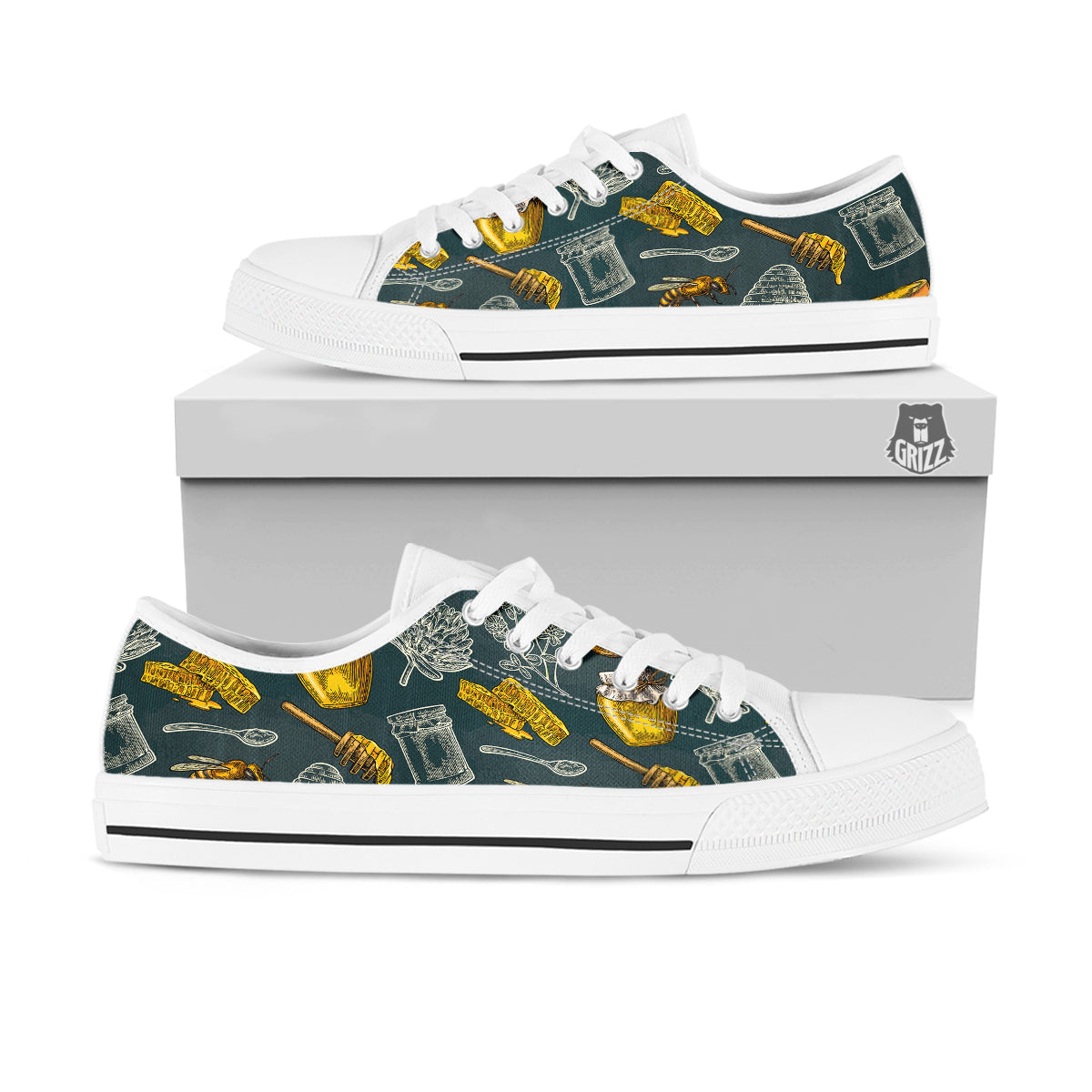 Bee Honey Vintage Print Pattern White Low Top Shoes-grizzshop