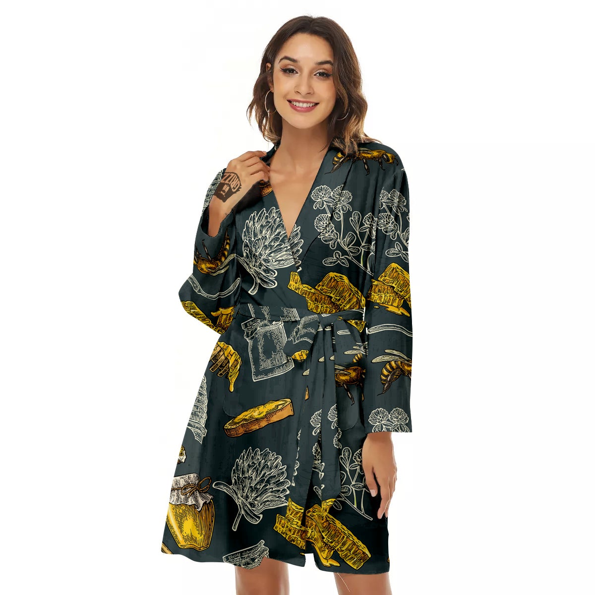 Bee Honey Vintage Print Pattern Women's Robe-grizzshop