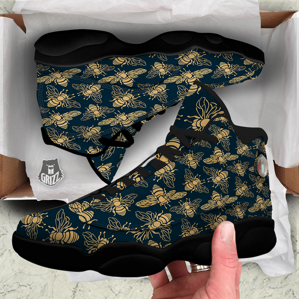Bee Vintage Print Pattern Black Basketball Shoes-grizzshop