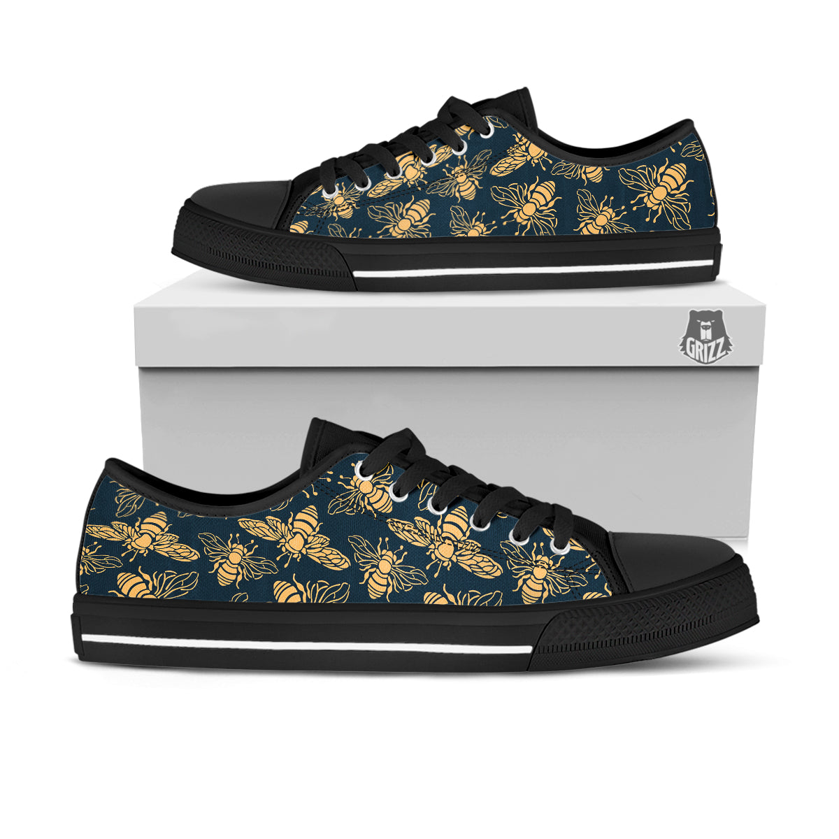 Bee Vintage Print Pattern Black Low Top Shoes-grizzshop