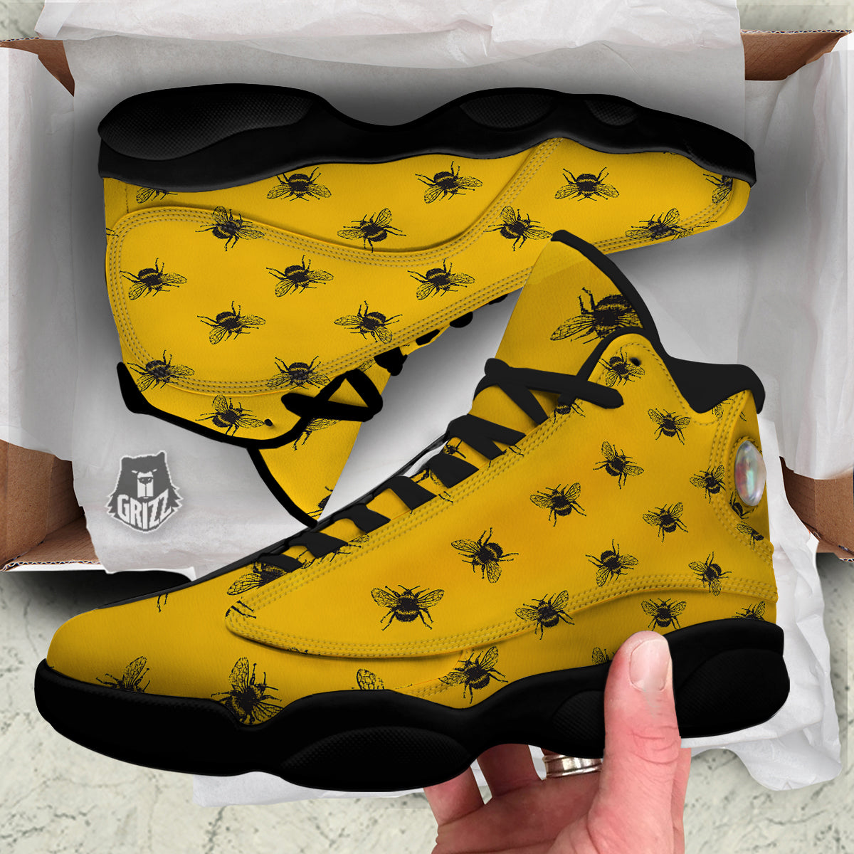 Bee Yellow Print Pattern Black Basketball Shoes-grizzshop