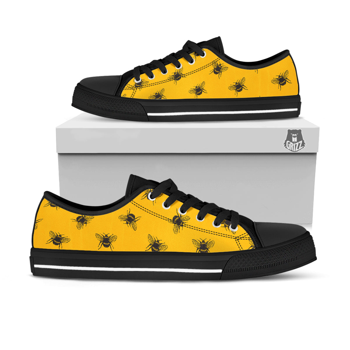 Bee Yellow Print Pattern Black Low Top Shoes-grizzshop