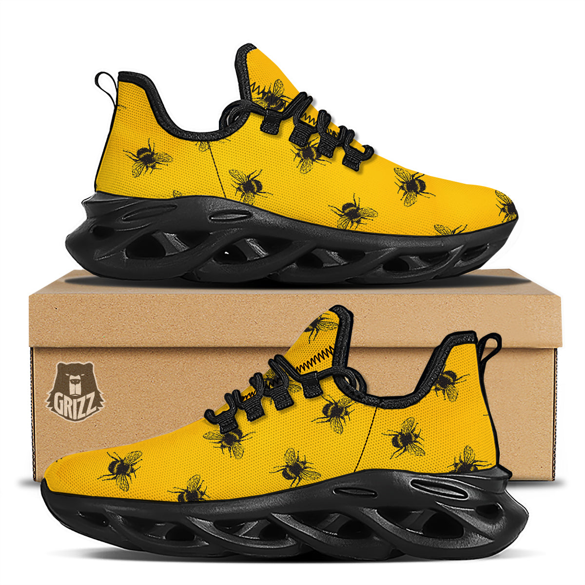 Bee Yellow Print Pattern Black Running Shoes-grizzshop