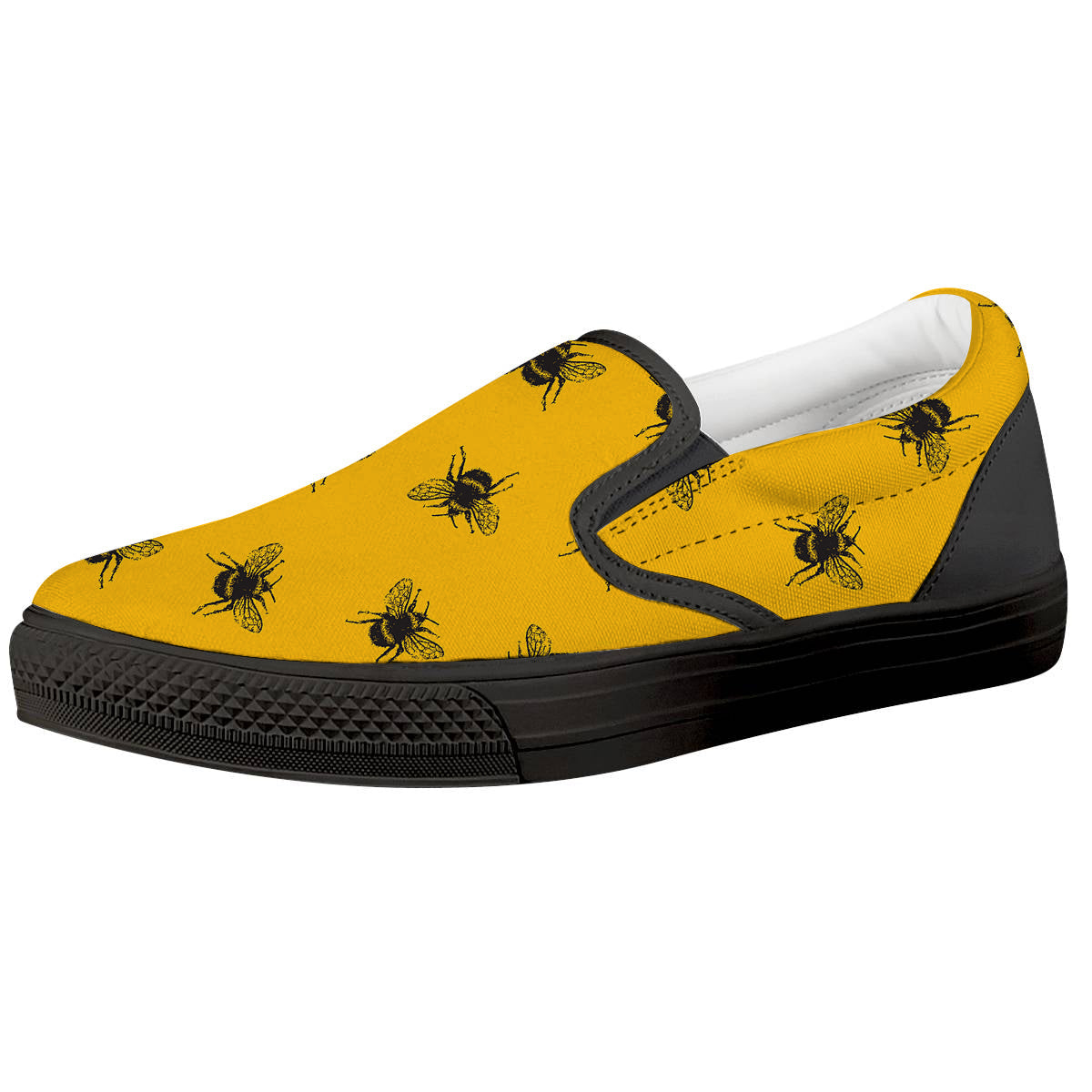 Bee Yellow Print Pattern Black Slip On Shoes-grizzshop