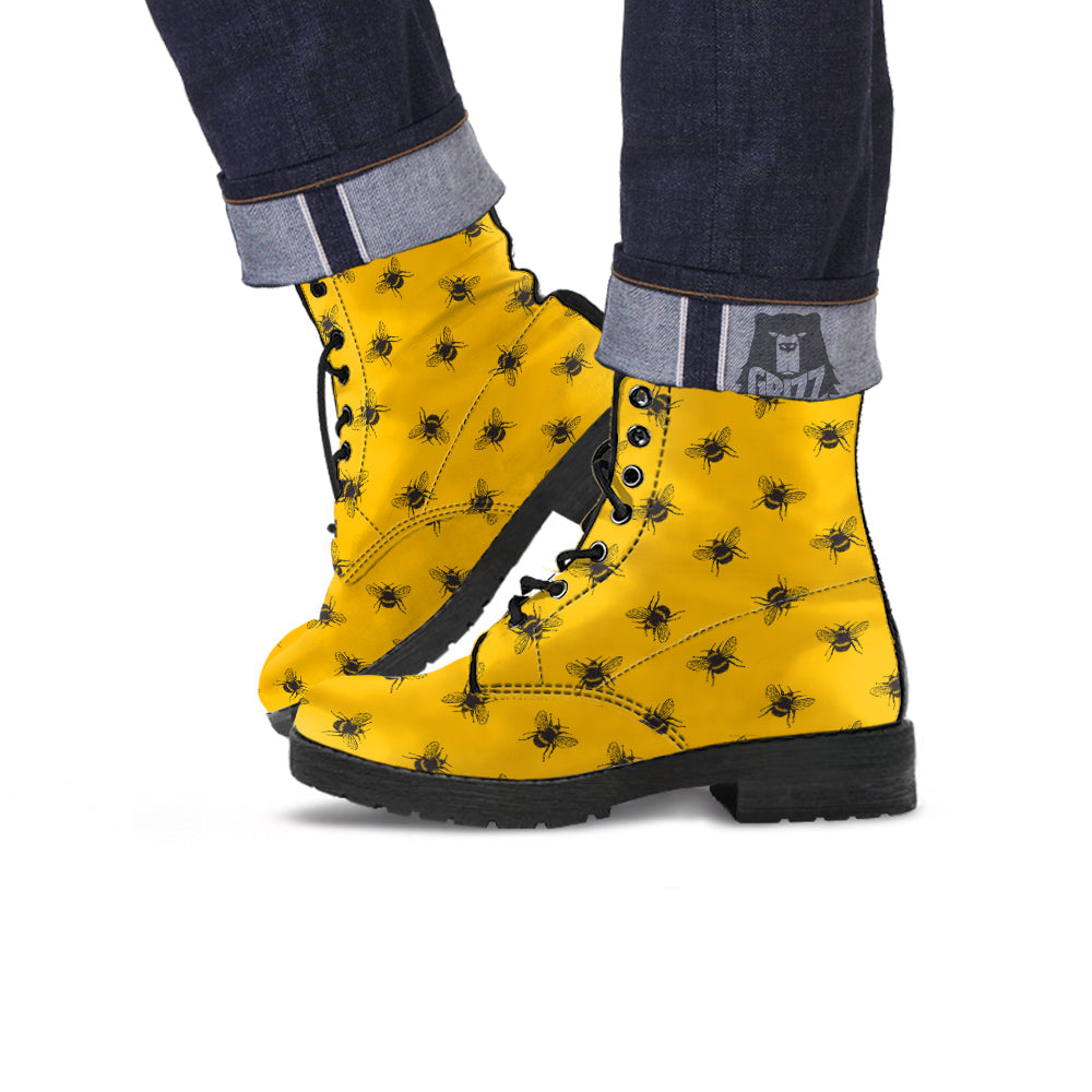 Bee Yellow Print Pattern Leather Boots-grizzshop