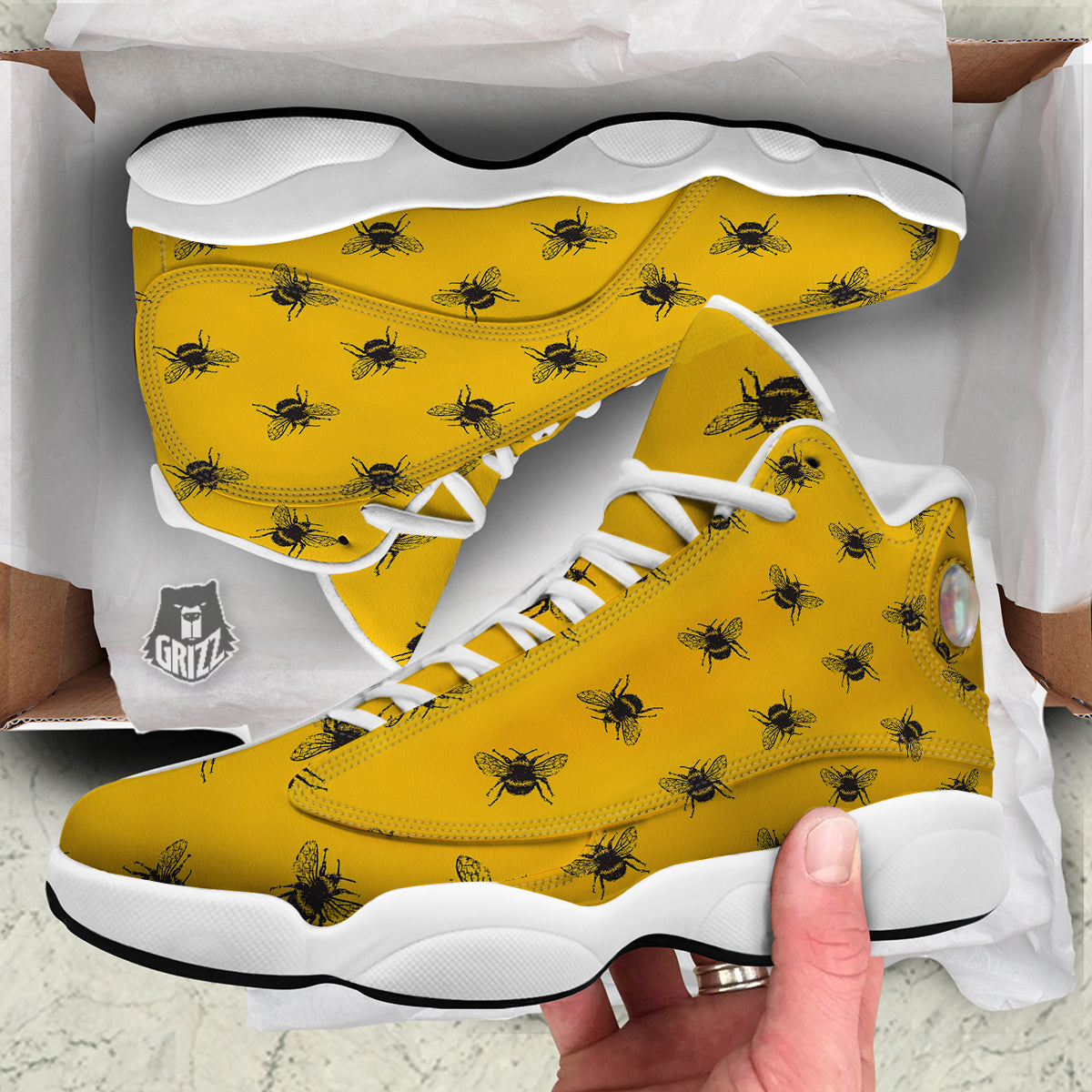 Bee Yellow Print Pattern White Basketball Shoes-grizzshop