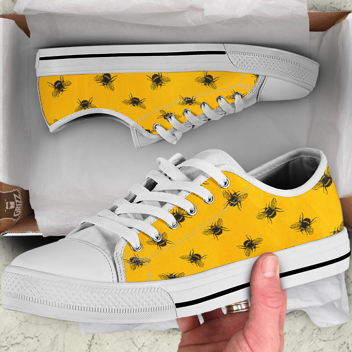 Bee Yellow Print Pattern White Low Top Shoes-grizzshop