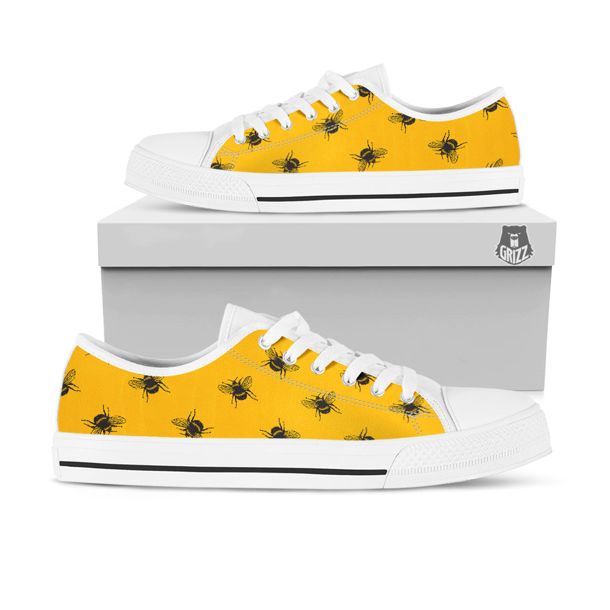 Bee Yellow Print Pattern White Low Top Shoes-grizzshop