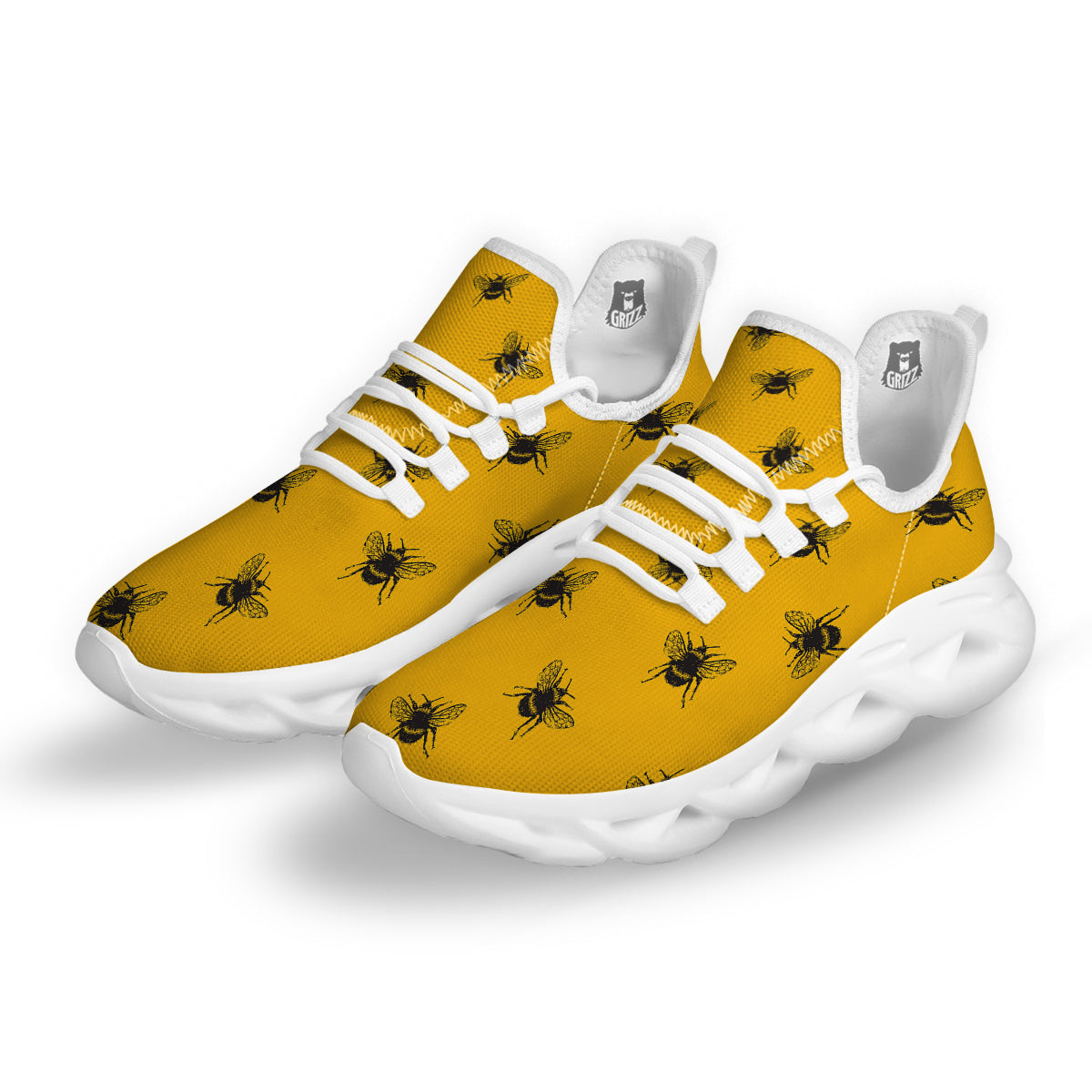 Bee Yellow Print Pattern White Running Shoes-grizzshop